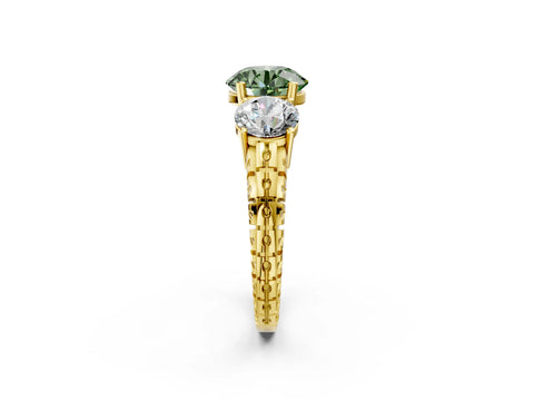 Yellow gold Three-Stone Fancy Green Round Cut Cut Diamond Ring with Channel-Set Band and Prong Setting_2