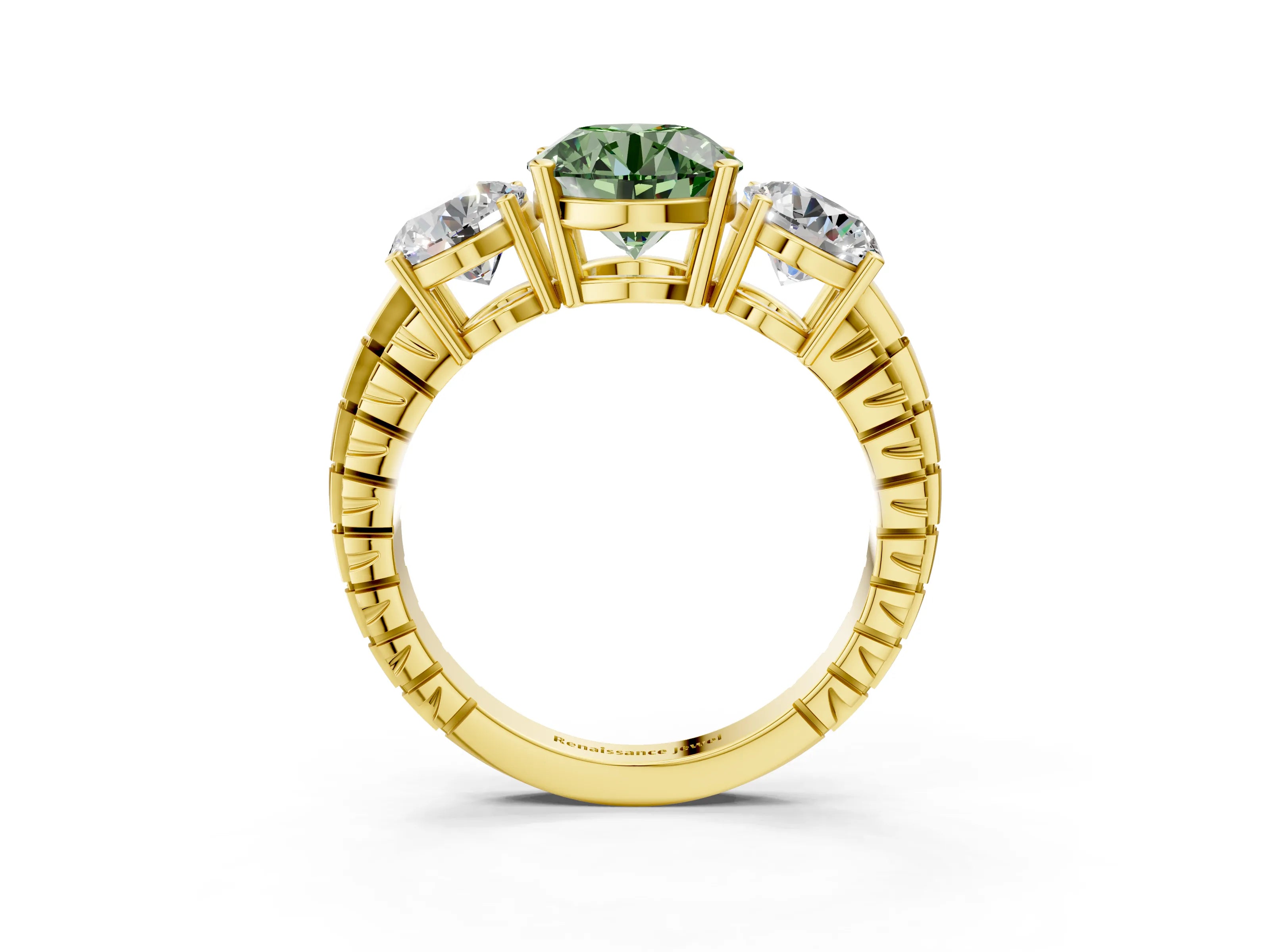 Yellow gold Three-Stone Fancy Green Round Cut Cut Diamond Ring with Channel-Set Band and Prong Setting_3