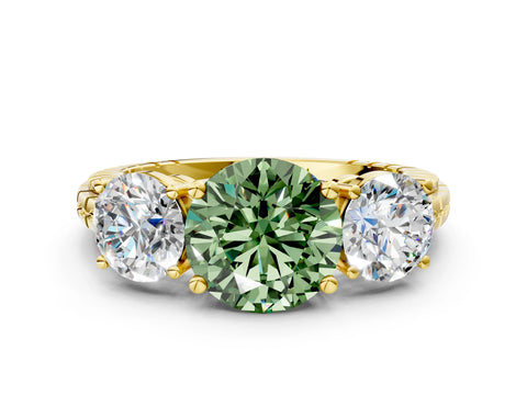 Yellow gold Three-Stone Fancy Green Round Cut Cut Diamond Ring with Channel-Set Band and Prong Setting