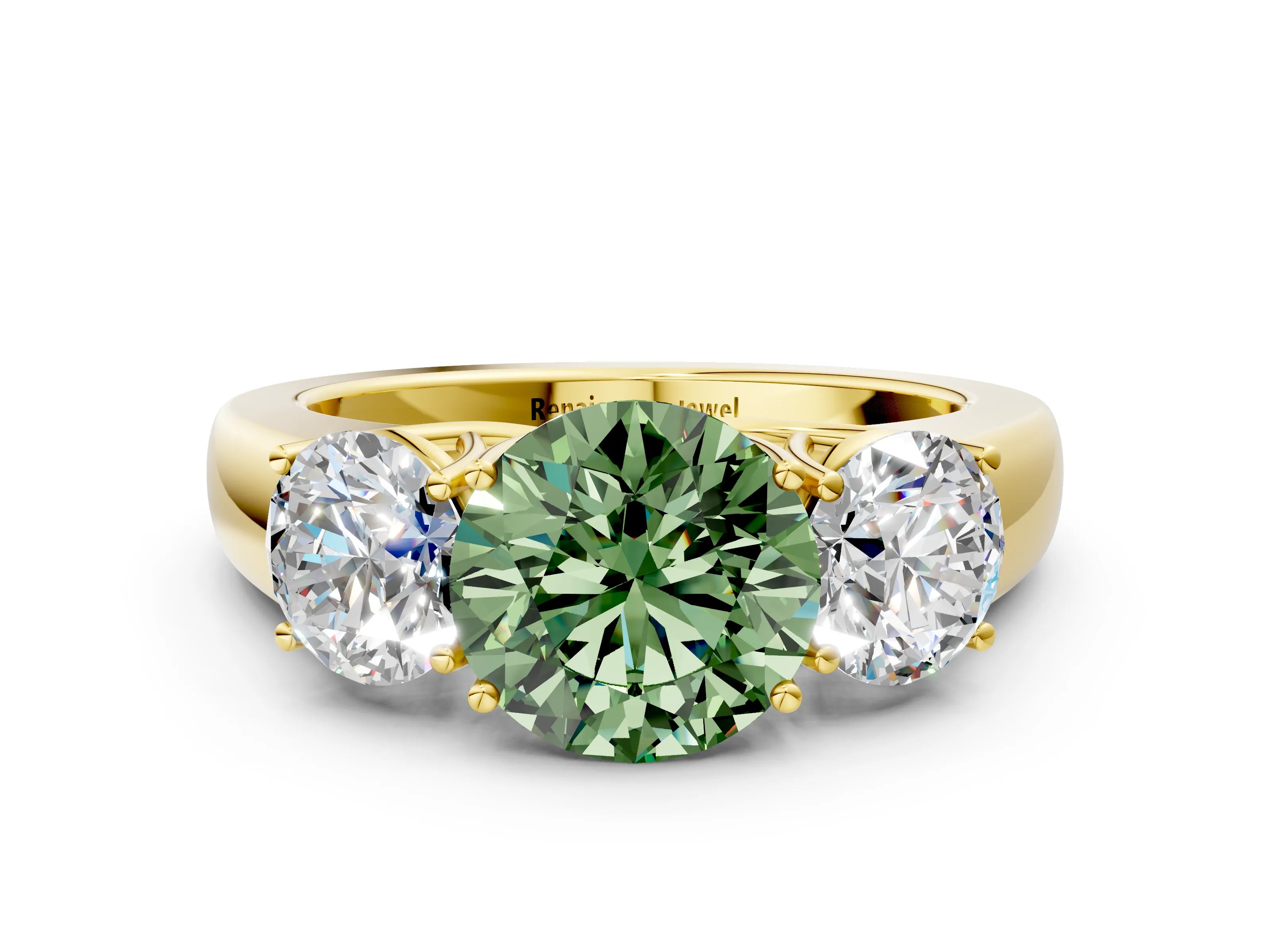 Yellow gold Three-Stone Fancy Green Round Cut Cut Diamond Ring with Prong Setting and Classic Band
