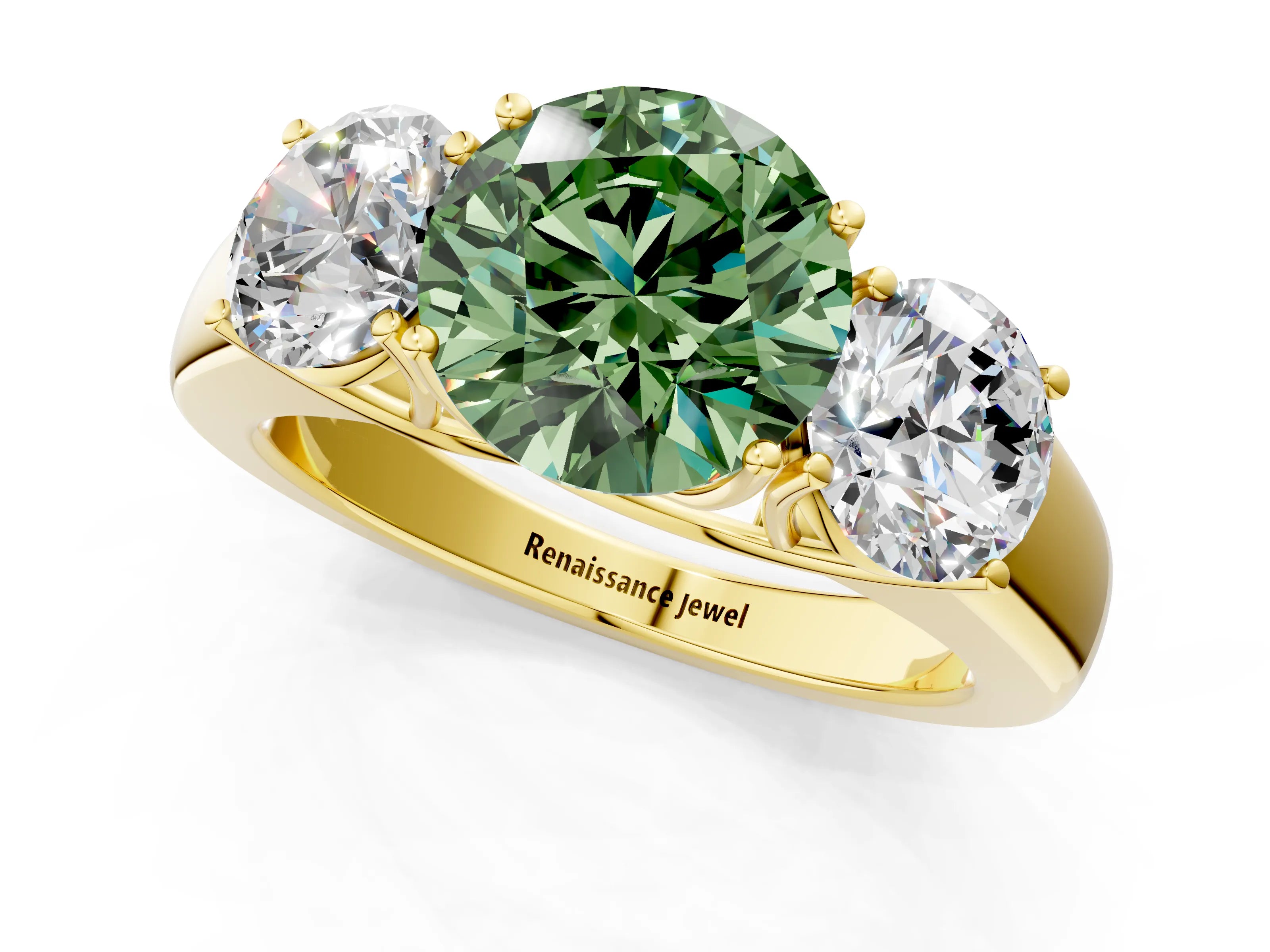 Yellow gold Three-Stone Fancy Green Round Cut Cut Diamond Ring with Prong Setting and Classic Band_1