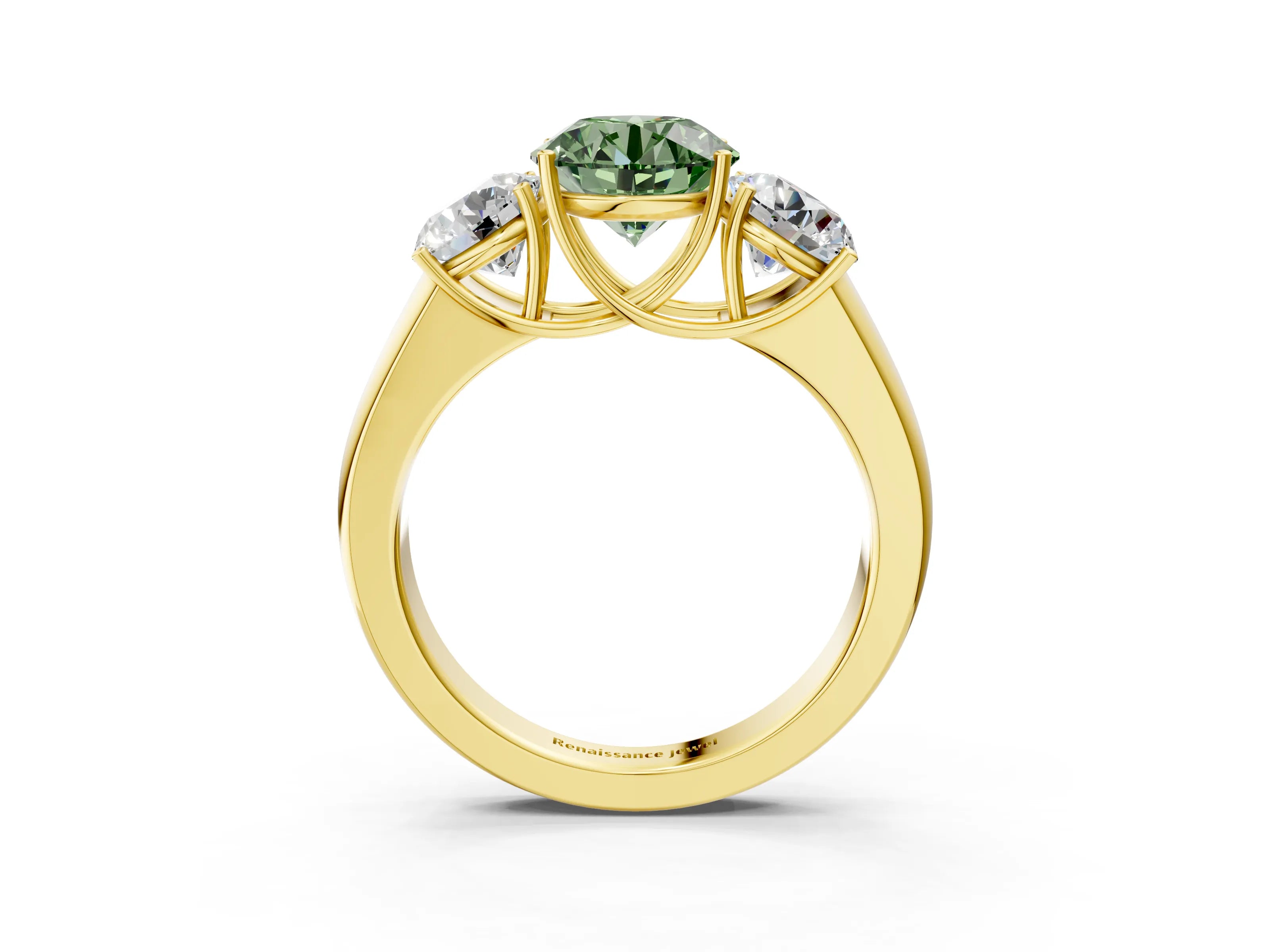 Yellow gold Three-Stone Fancy Green Round Cut Cut Diamond Ring with Prong Setting and Classic Band_3