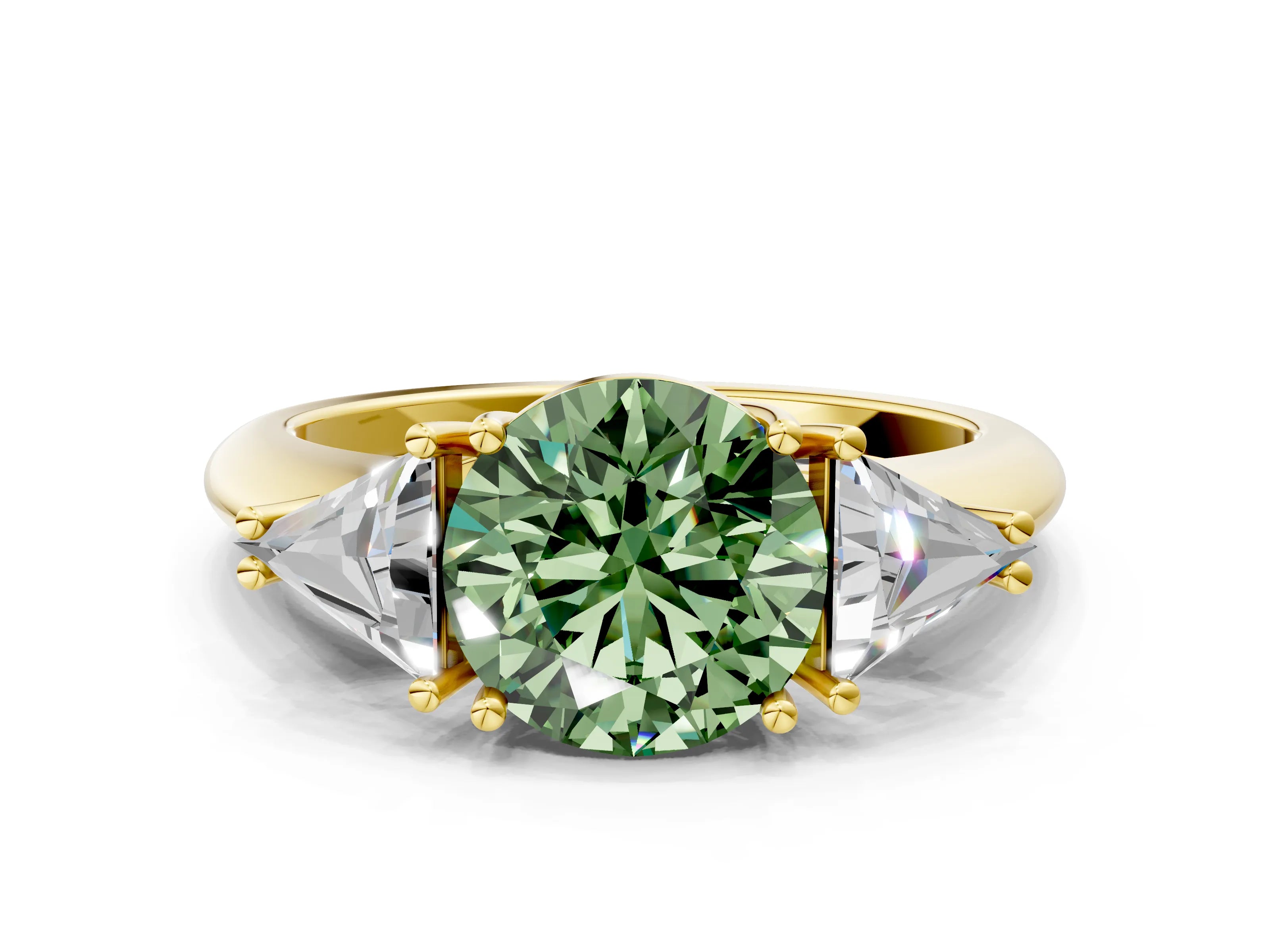 Yellow gold Three-Stone Fancy Green Round Cut Cut Diamond Ring with Trillion Side Stones and Four-Prong Setting_3