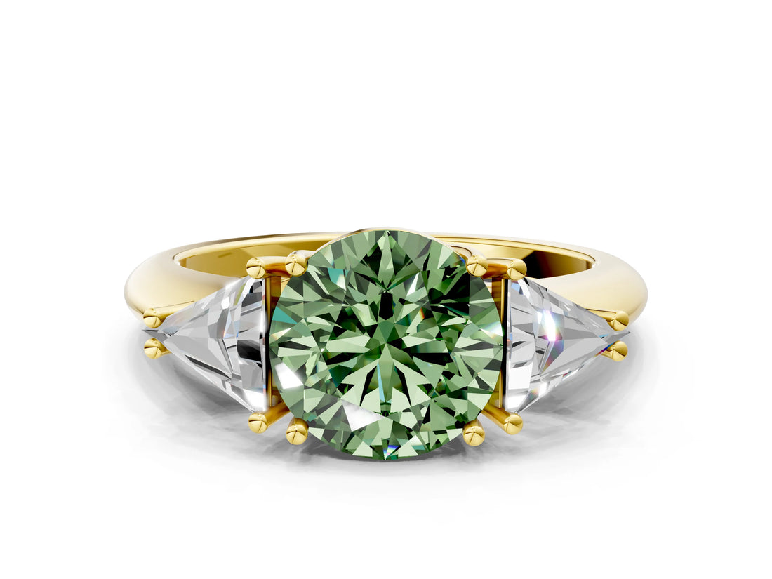 Yellow gold Three-Stone Fancy Green Round Cut Cut Diamond Ring with Trillion Side Stones and Four-Prong Setting_3