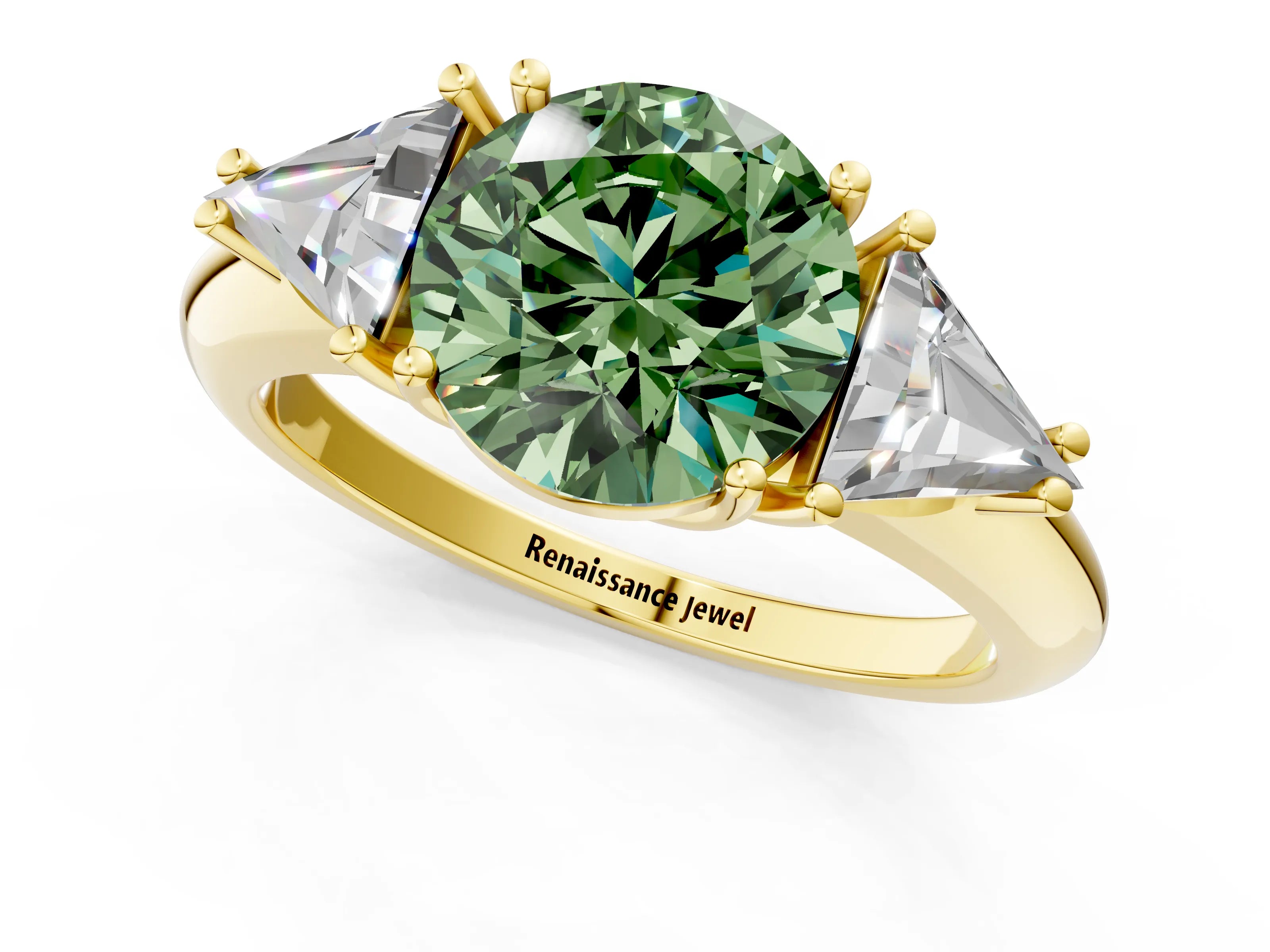 Yellow gold Three-Stone Fancy Green Round Cut Cut Diamond Ring with Trillion Side Stones and Four-Prong Setting_4