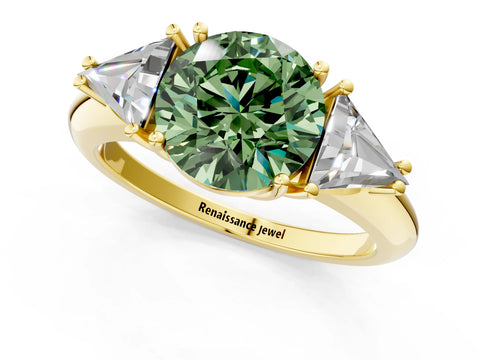 Yellow gold Three-Stone Fancy Green Round Cut Cut Diamond Ring with Trillion Side Stones and Four-Prong Setting_4