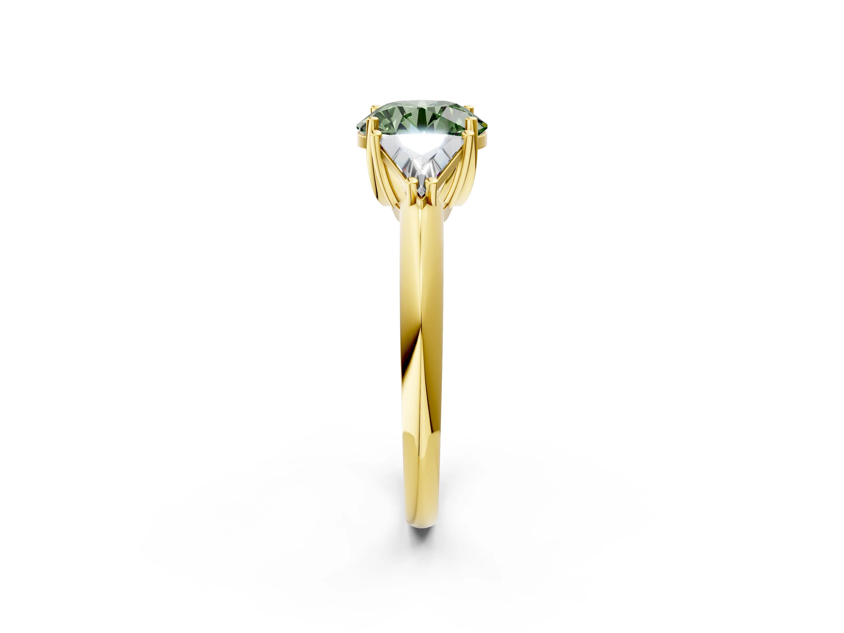 Yellow gold Three-Stone Fancy Green Round Cut Cut Diamond Ring with Trillion Side Stones and Four-Prong Setting_5