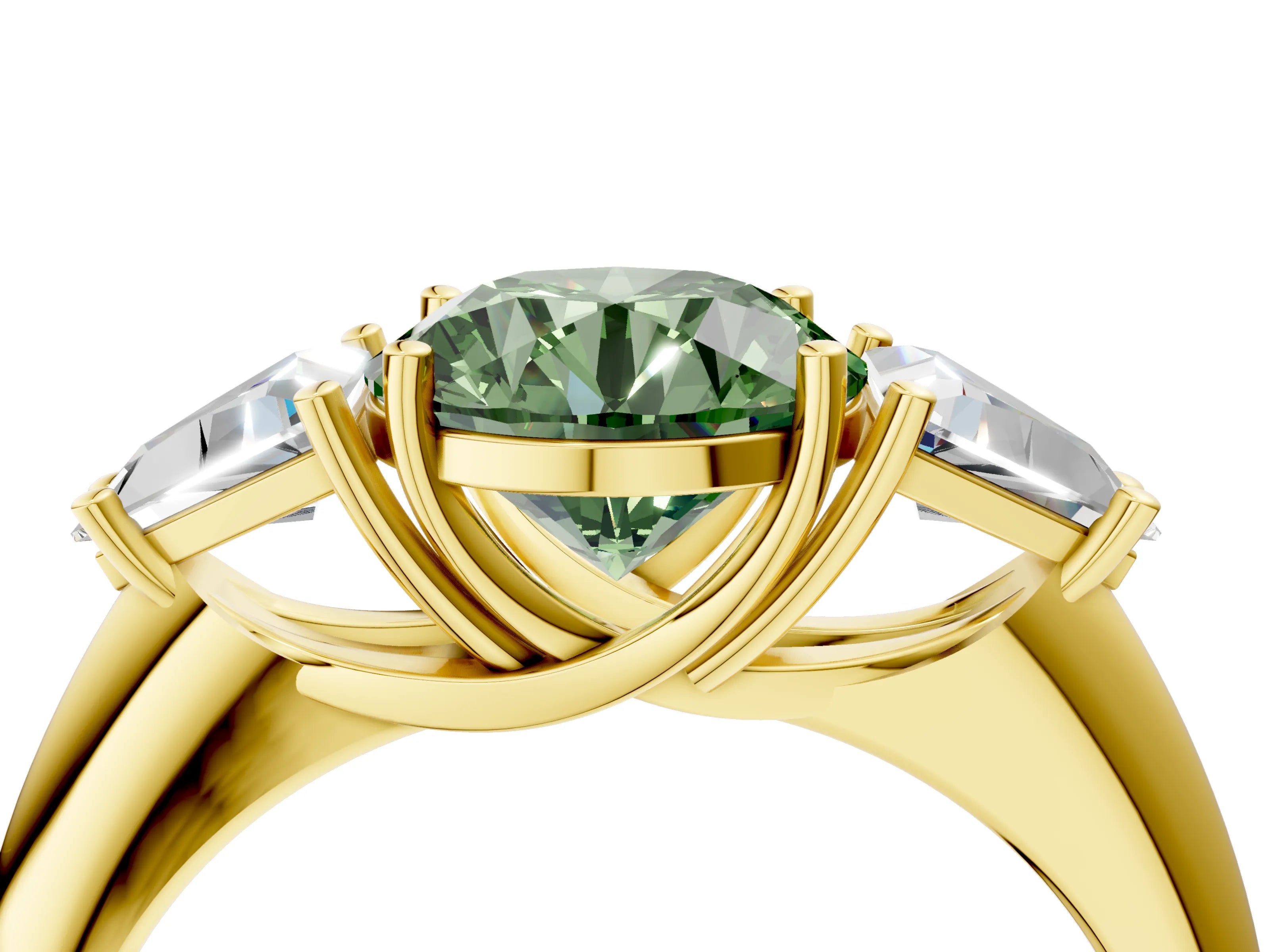 Yellow gold Three-Stone Fancy Green Round Cut Cut Diamond Ring with Trillion Side Stones and Four-Prong Setting_7