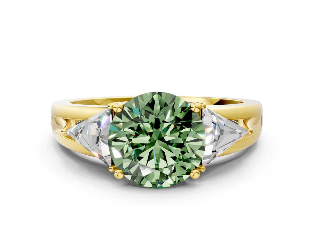 Yellow gold Three-Stone Fancy Green Round Cut Cut Diamond Ring with Trillion Side Stones on a Split Shank Band