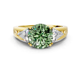 Yellow gold Three-Stone Fancy Green Round Cut Cut Diamond Ring with Trillion Side Stones on a Split Shank Band