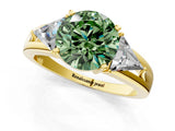 Yellow gold Three-Stone Fancy Green Round Cut Cut Diamond Ring with Trillion Side Stones on a Split Shank Band_1