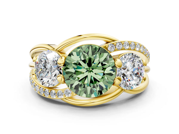 Yellow gold Three-Stone Fancy Green Round Cut Cut Diamond Split Shank Prong Set Ring