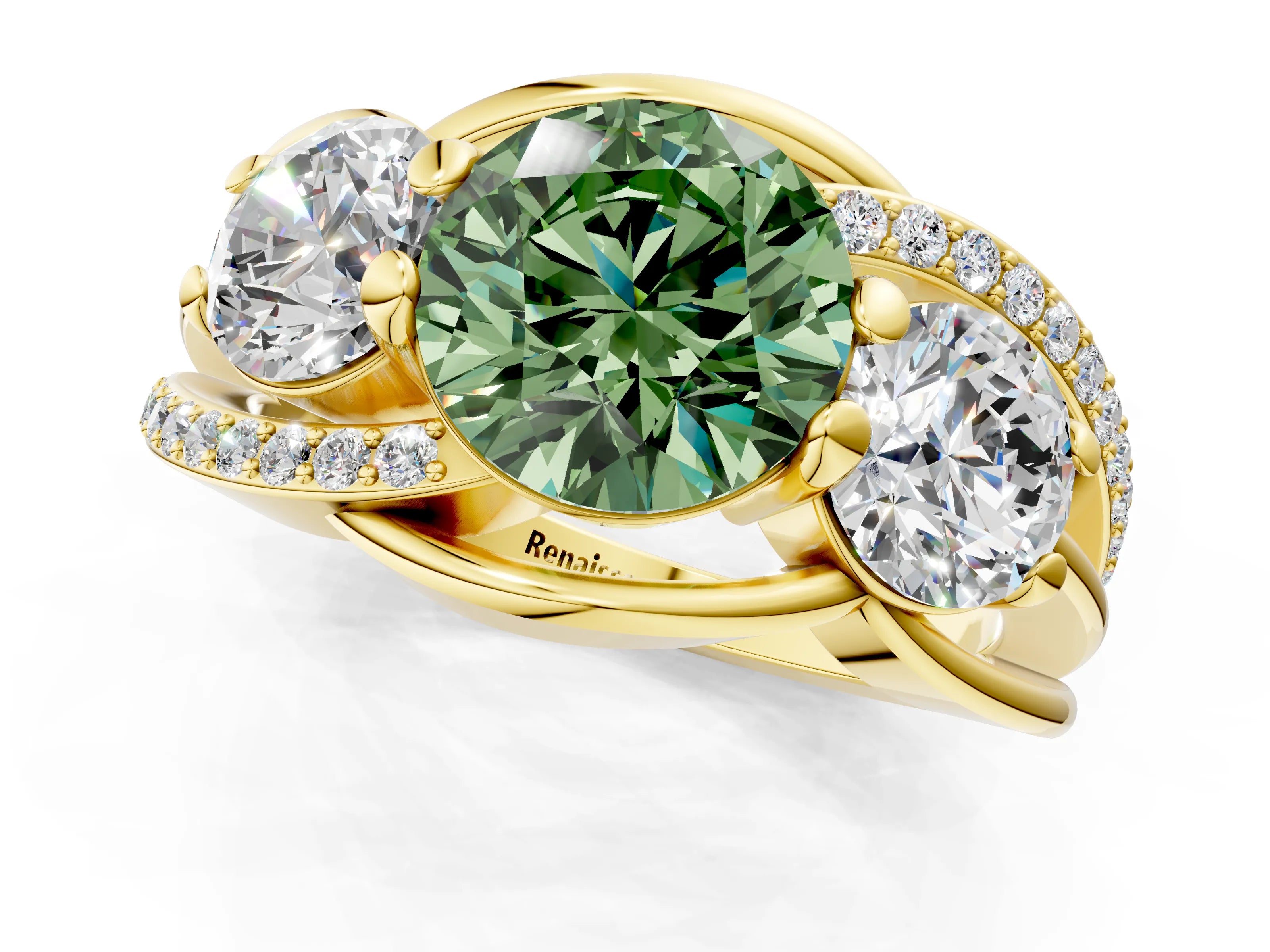 Yellow gold Three-Stone Fancy Green Round Cut Cut Diamond Split Shank Prong Set Ring_1