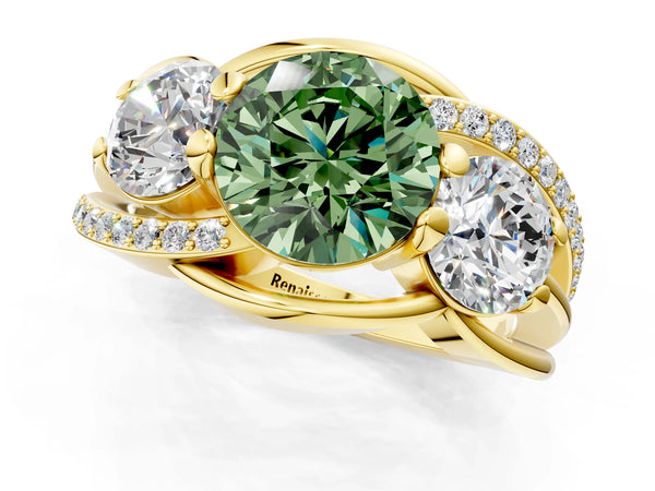 Yellow gold Three-Stone Fancy Green Round Cut Cut Diamond Split Shank Prong Set Ring