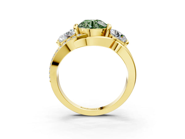 Yellow gold Three-Stone Fancy Green Round Cut Cut Diamond Split Shank Prong Set Ring
