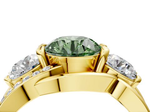 Yellow gold Three-Stone Fancy Green Round Cut Cut Diamond Split Shank Prong Set Ring_4