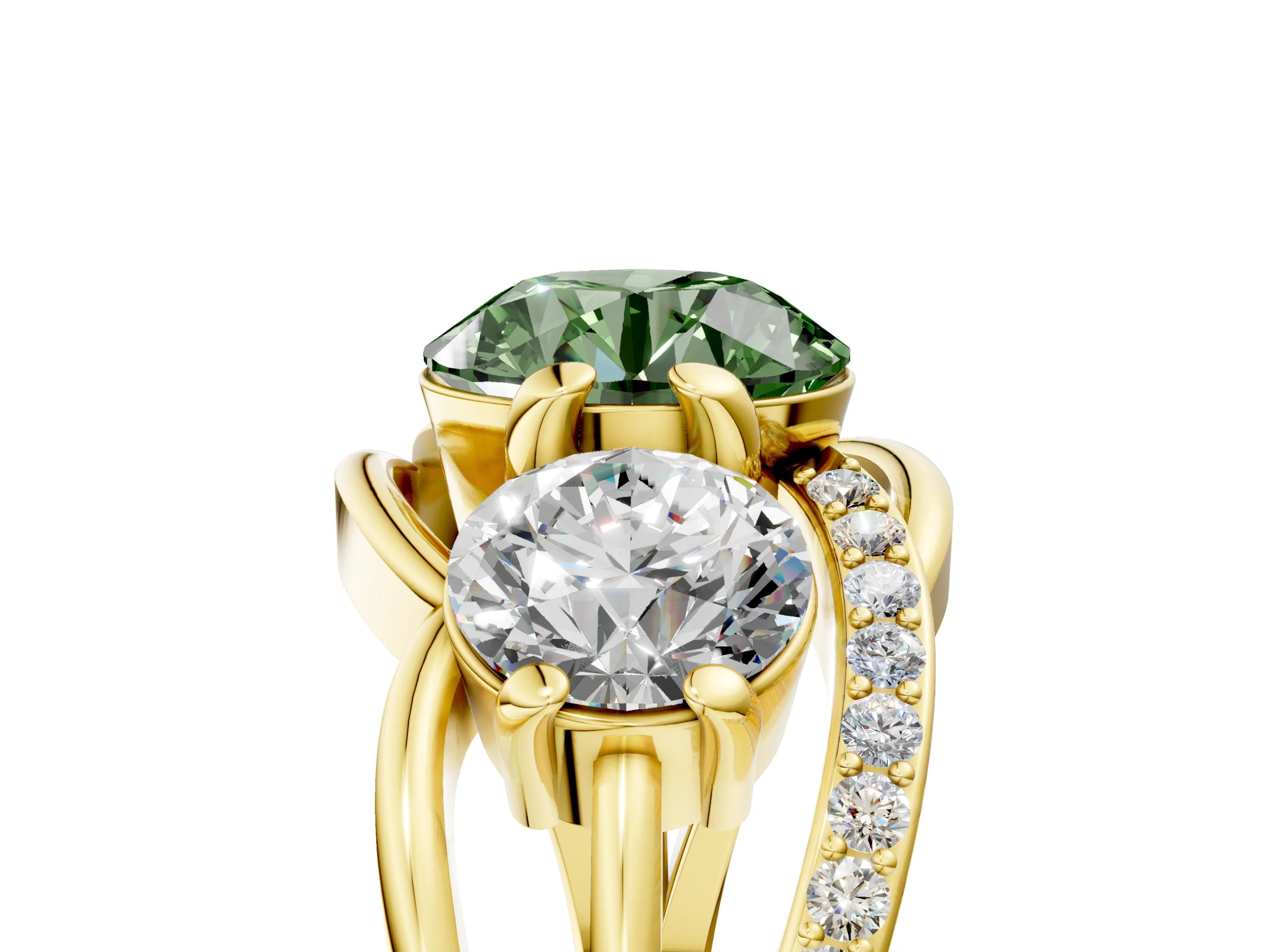 Yellow gold Three-Stone Fancy Green Round Cut Cut Diamond Split Shank Prong Set Ring_5