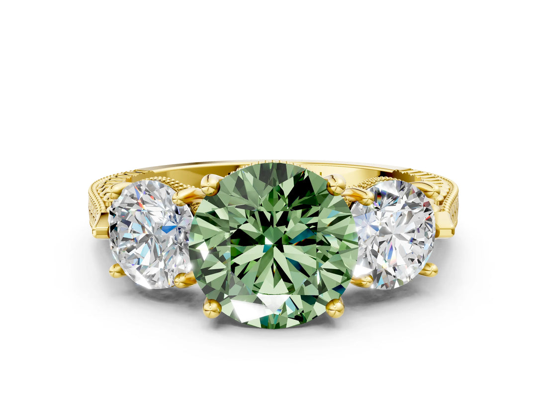 Yellow gold Three-Stone Fancy Green Round Cut Cut Milgrain Band Prong Setting Ring
