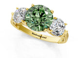 Yellow gold Three-Stone Fancy Green Round Cut Cut Milgrain Band Prong Setting Ring_1