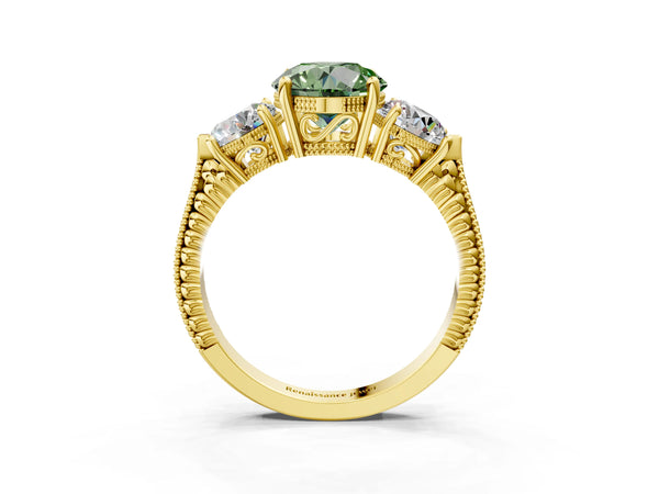 Yellow Gold Round Vintage Three Stone Engagement Ring Setting for Fancy Green Center