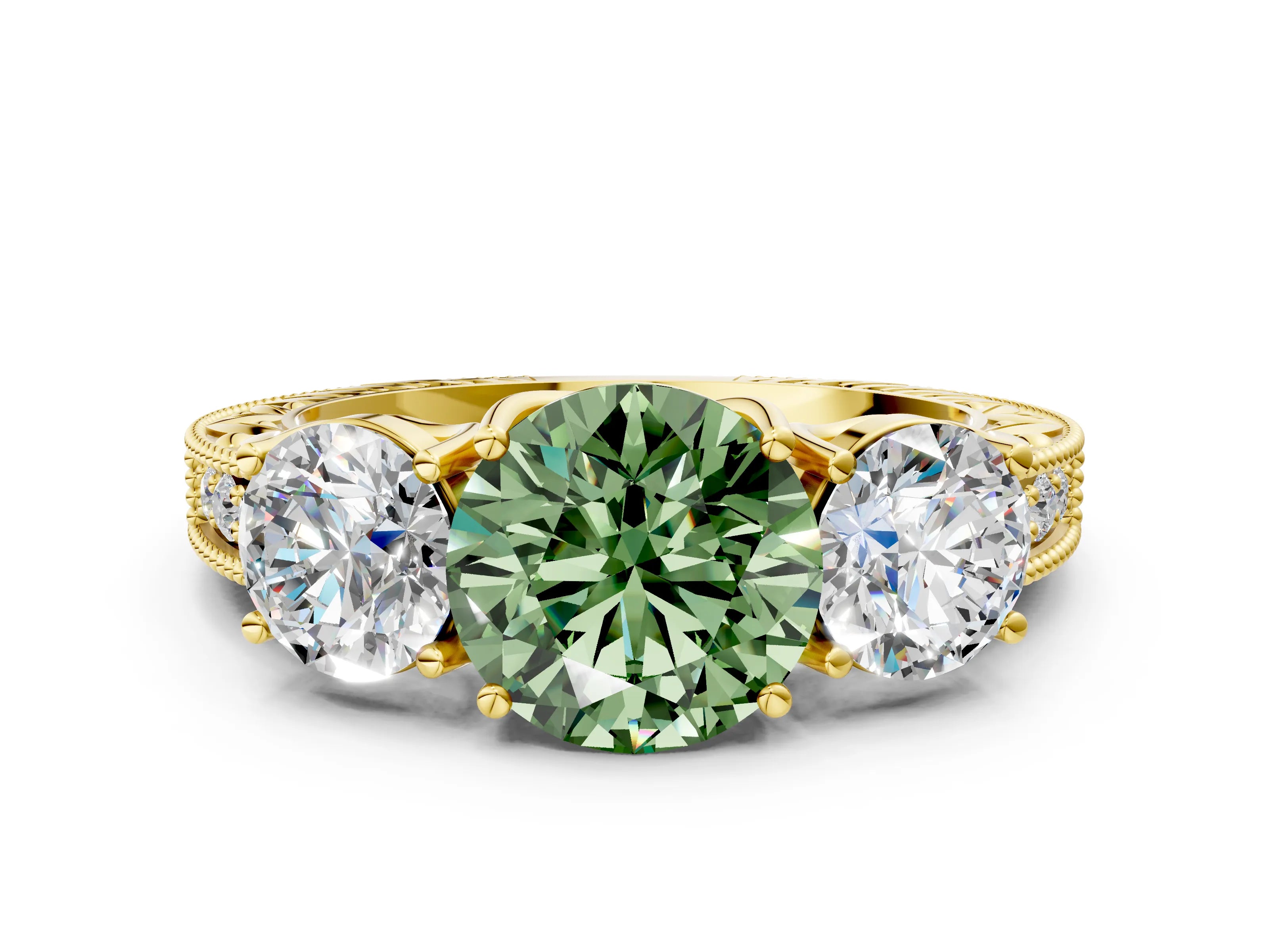 Yellow gold Three-Stone Fancy Green Round Cut Cut Milgrain Pavé Engagement Ring