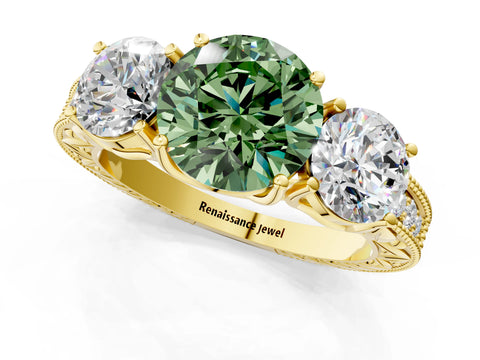 Yellow gold Three-Stone Fancy Green Round Cut Cut Milgrain Pavé Engagement Ring_1