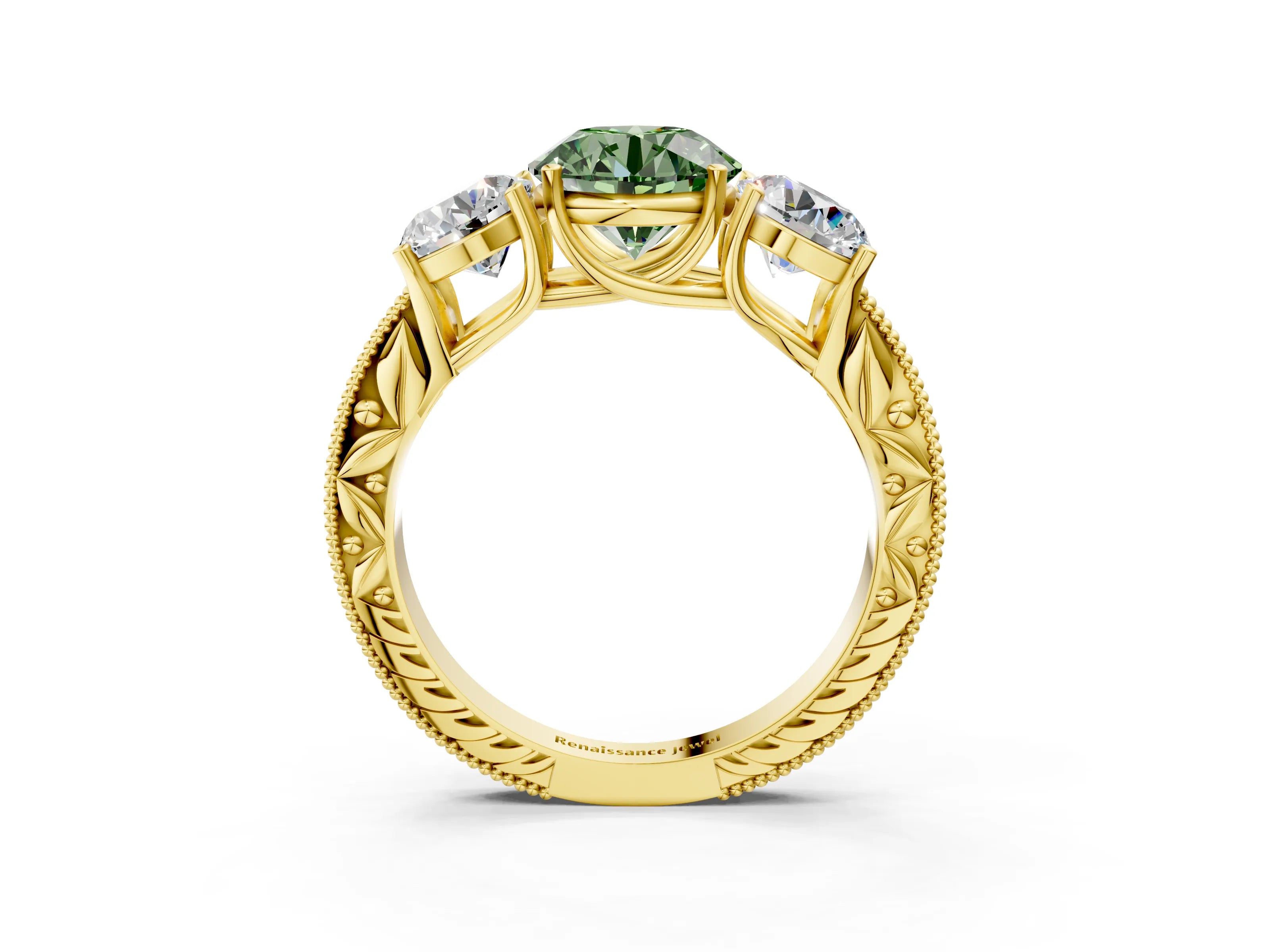 Yellow gold Three-Stone Fancy Green Round Cut Cut Milgrain Pavé Engagement Ring_3