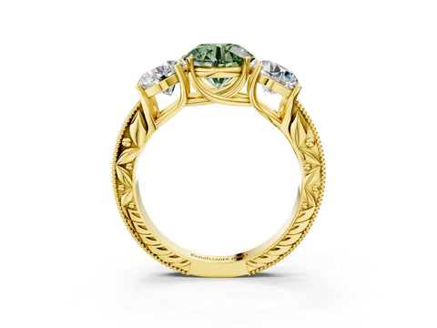 Yellow gold Three-Stone Fancy Green Round Cut Cut Milgrain Pavé Engagement Ring_3