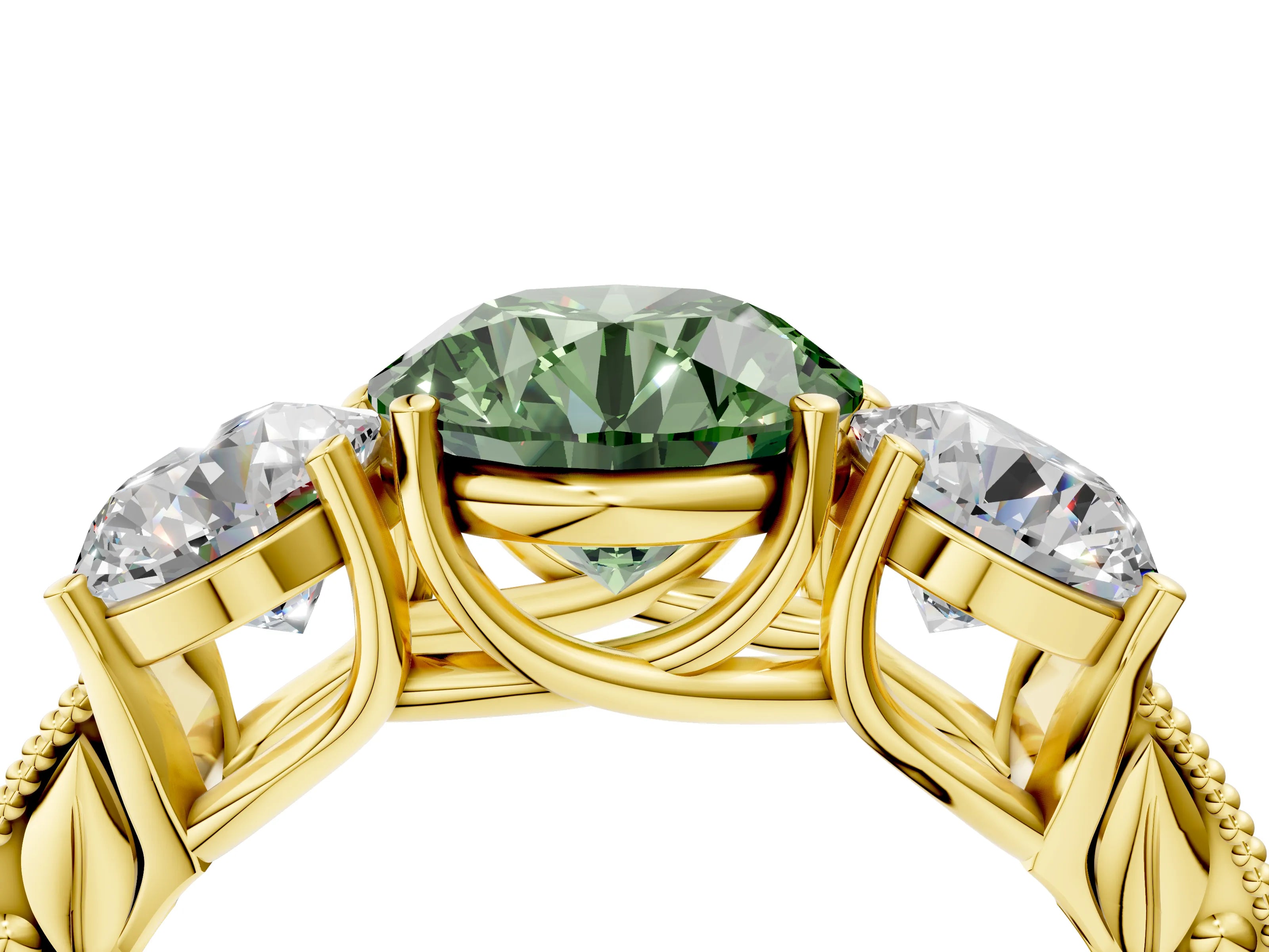 Yellow gold Three-Stone Fancy Green Round Cut Cut Milgrain Pavé Engagement Ring_4