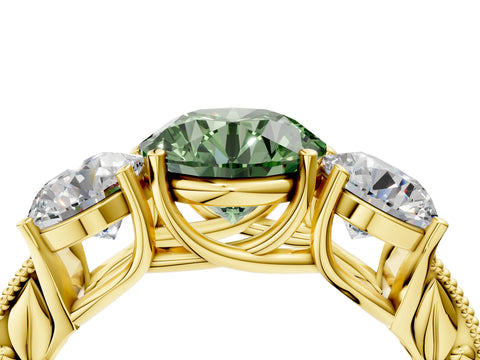 Yellow gold Three-Stone Fancy Green Round Cut Cut Milgrain Pavé Engagement Ring_4