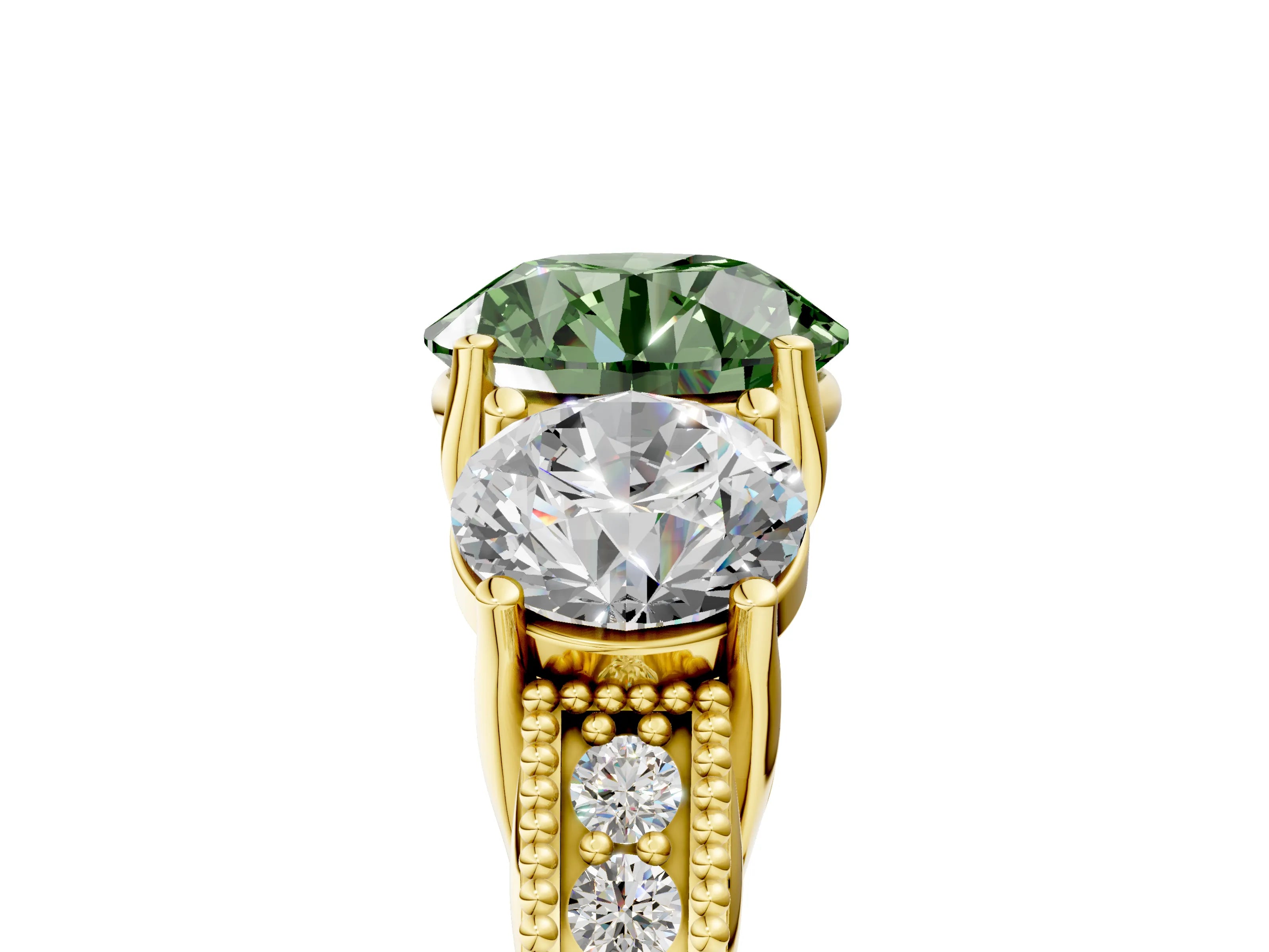 Yellow gold Three-Stone Fancy Green Round Cut Cut Milgrain Pavé Engagement Ring_5