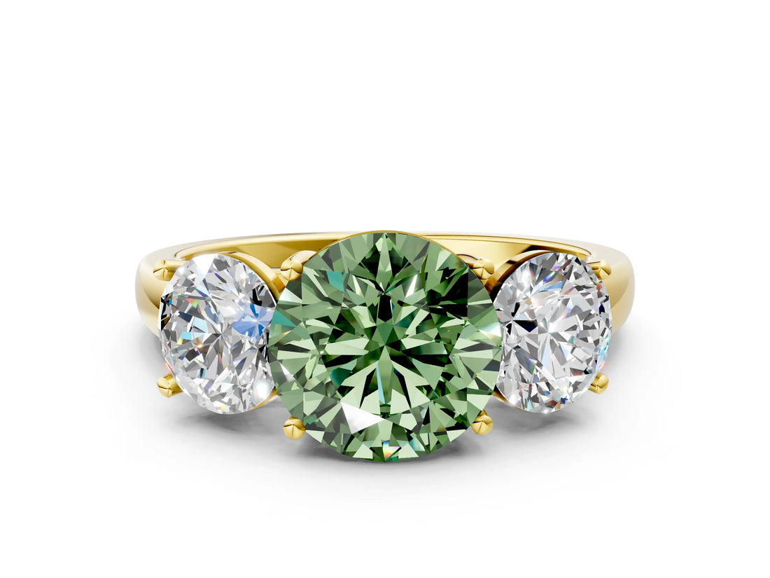 Yellow gold Three-Stone Fancy Green Round Cut Cut Solitaire Ring with Classic Prong Setting