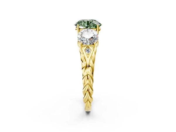 Yellow gold Three-Stone Fancy Green Round Cut Diamond Braided Band Ring with Four-Prong Setting