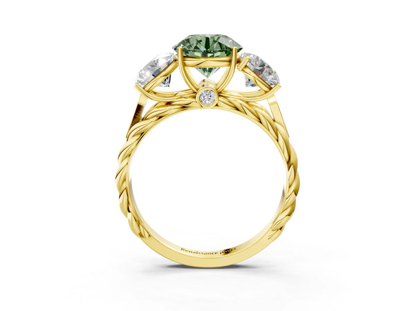 Yellow gold Three-Stone Fancy Green Round Cut Diamond Braided Band Ring with Four-Prong Setting