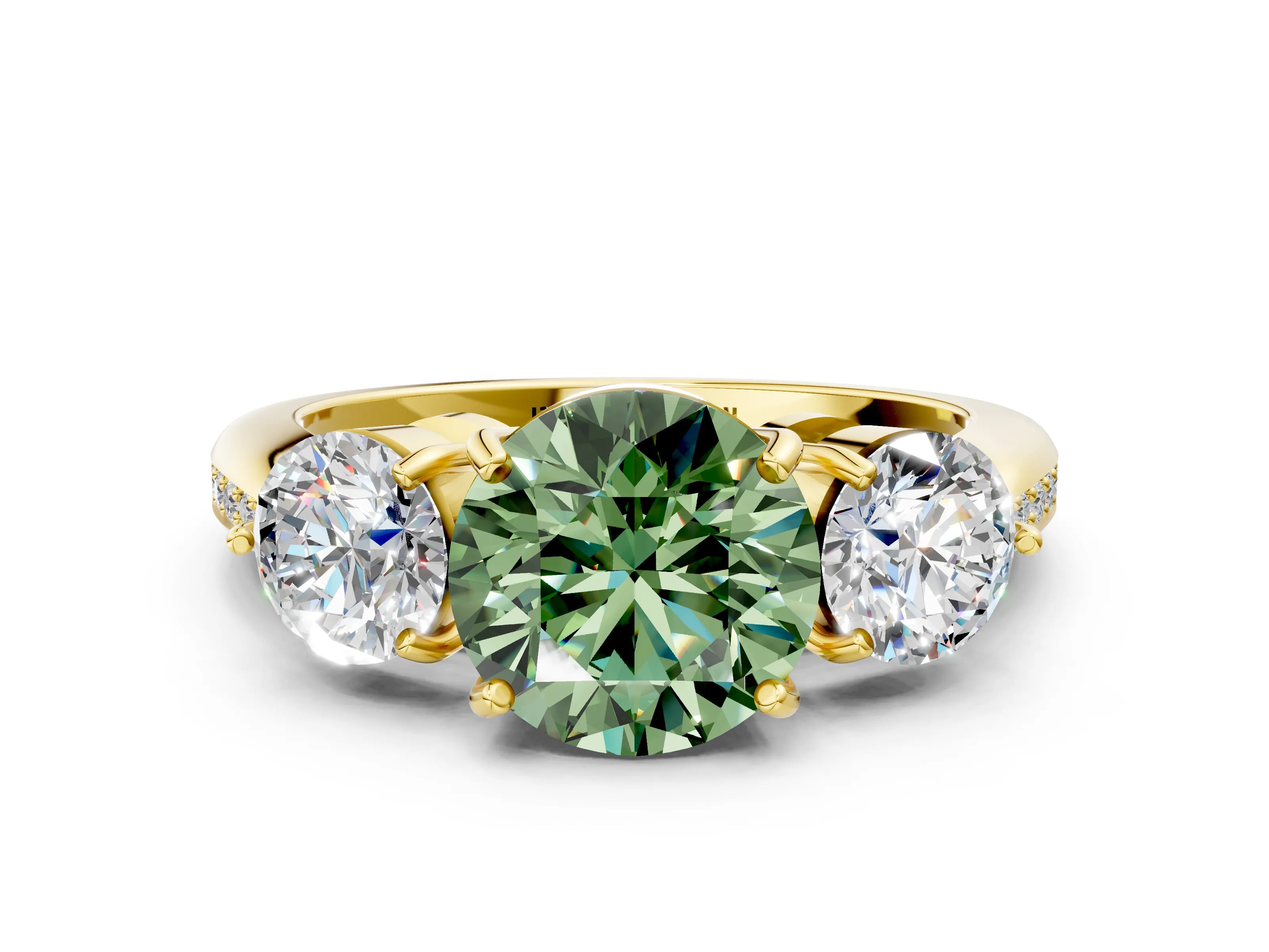 Yellow gold Three-Stone Fancy Green Round Cut Diamond Channel Set Engagement Ring with Prong Setting_12