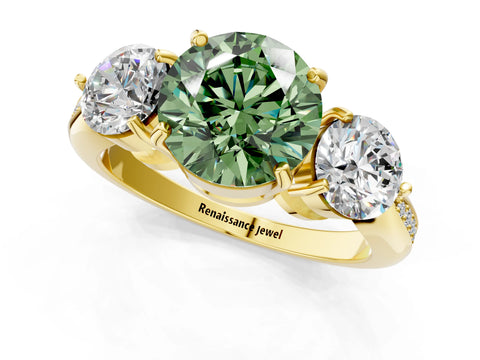 Yellow gold Three-Stone Fancy Green Round Cut Diamond Channel Set Engagement Ring with Prong Setting_1