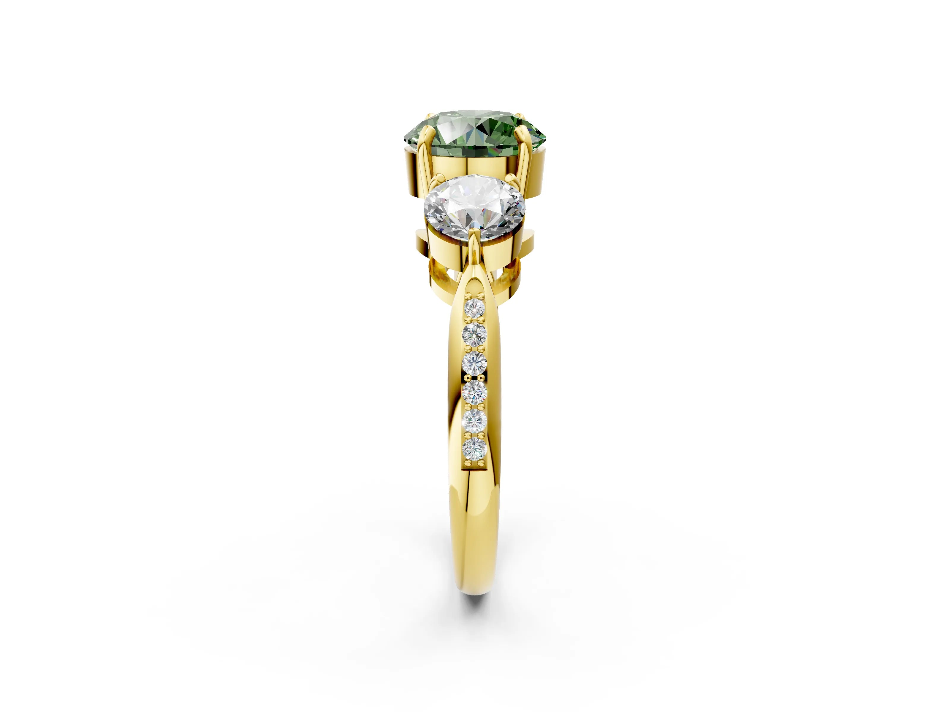 Yellow gold Three-Stone Fancy Green Round Cut Diamond Channel Set Engagement Ring with Prong Setting_2
