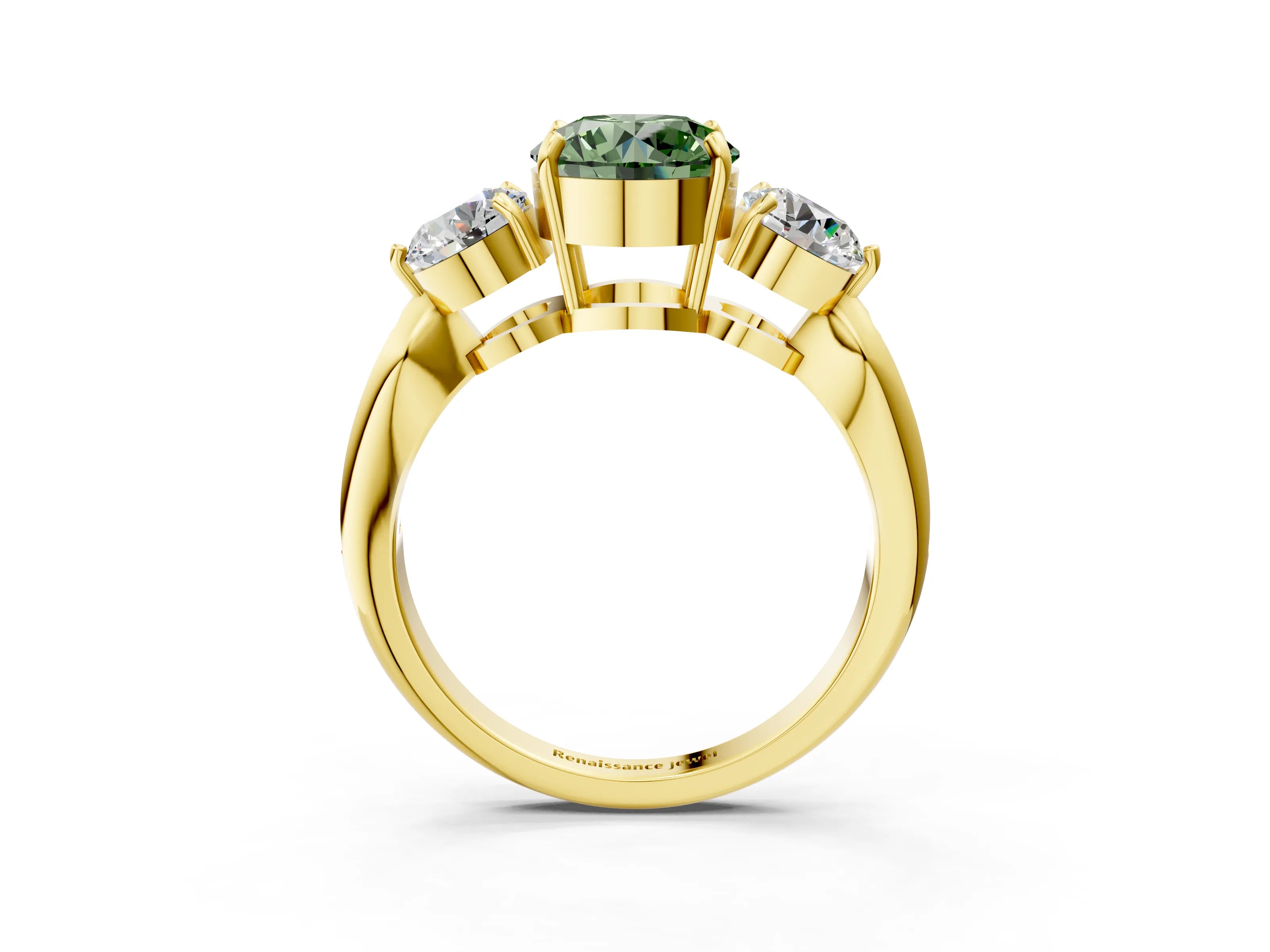 Yellow gold Three-Stone Fancy Green Round Cut Diamond Channel Set Engagement Ring with Prong Setting_3