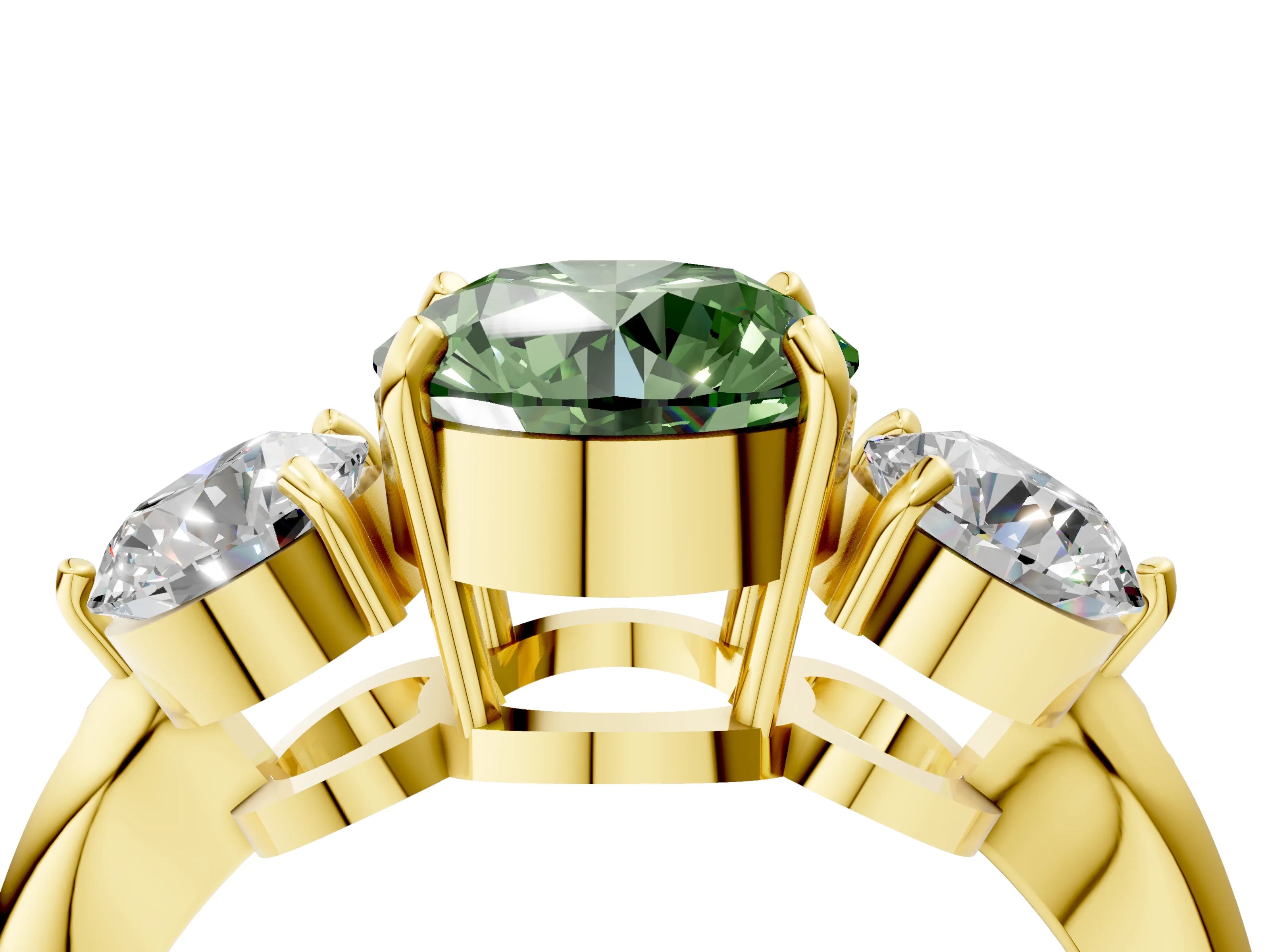 Yellow gold Three-Stone Fancy Green Round Cut Diamond Channel Set Engagement Ring with Prong Setting_4