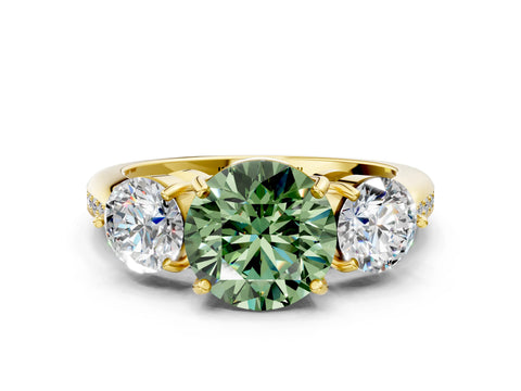Yellow gold Three-Stone Fancy Green Round Cut Diamond Channel Set Engagement Ring with Prong Setting