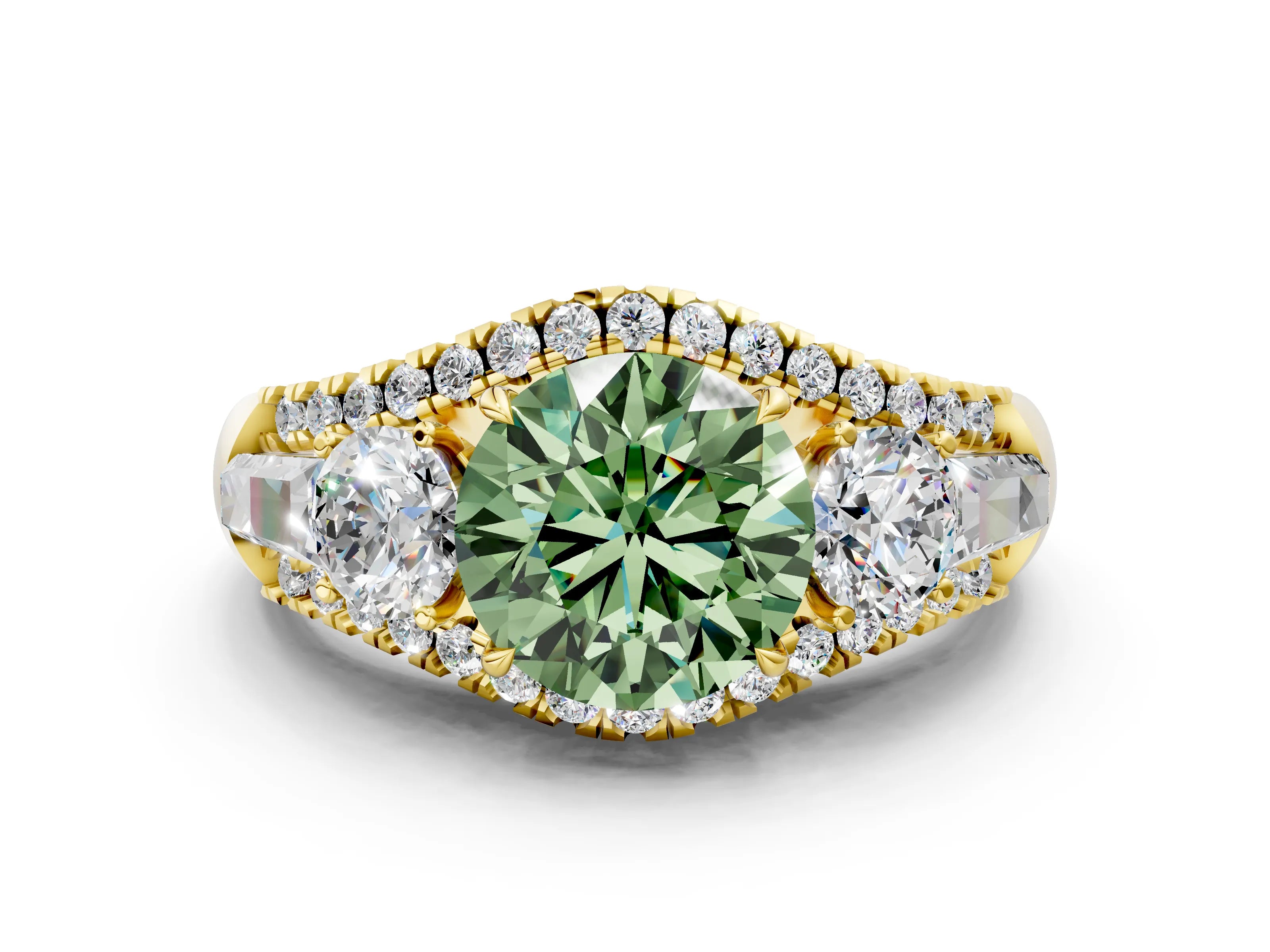 Yellow gold Three-Stone Fancy Green Round Cut Diamond Engagement Ring with Pave Band and Prong Setting