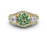 Yellow gold Three-Stone Fancy Green Round Cut Diamond Engagement Ring with Pave Band and Prong Setting