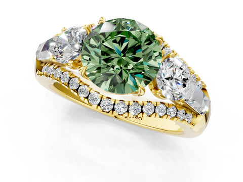 Yellow gold Three-Stone Fancy Green Round Cut Diamond Engagement Ring with Pave Band and Prong Setting_1