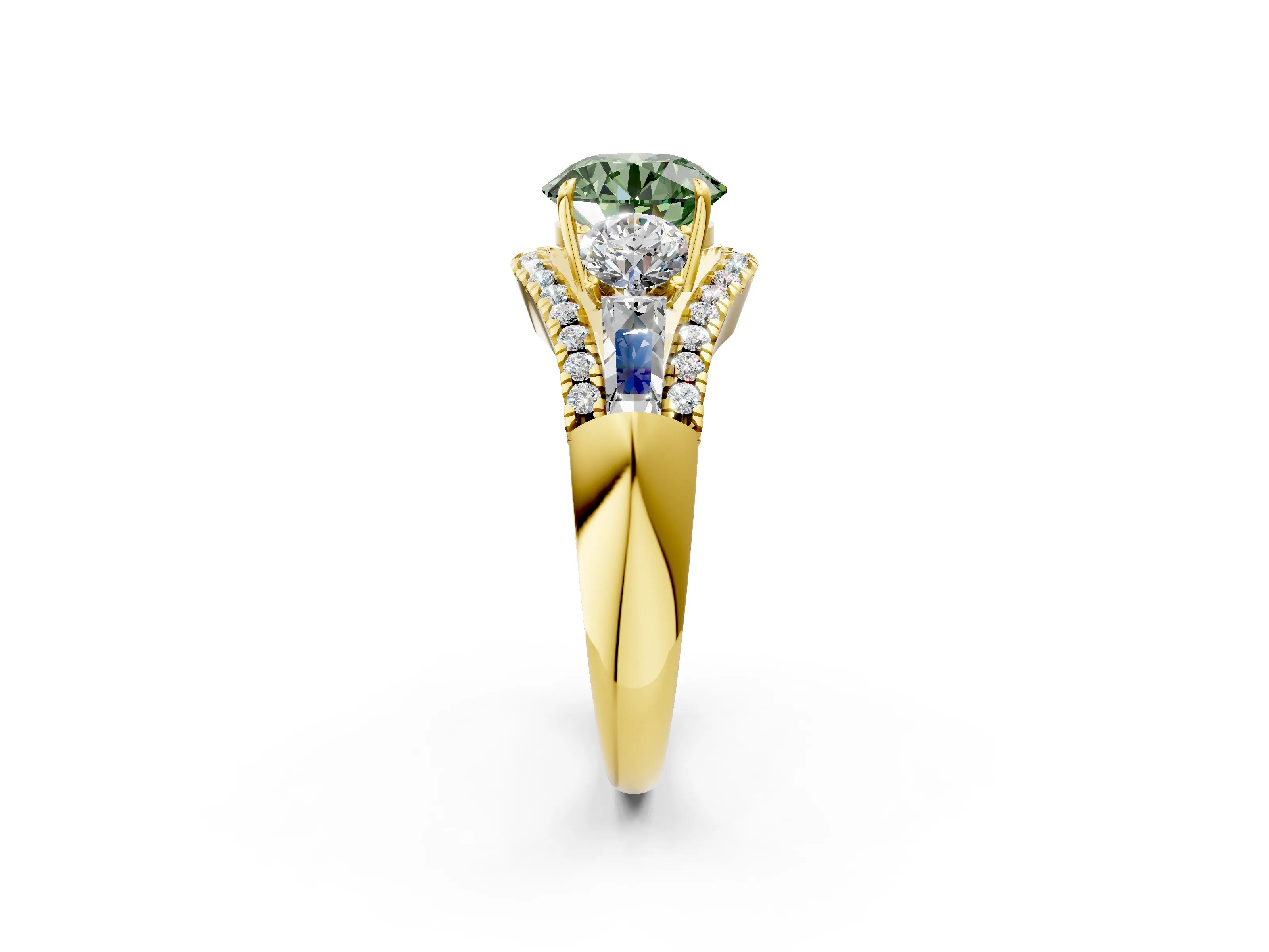 Yellow gold Three-Stone Fancy Green Round Cut Diamond Engagement Ring with Pave Band and Prong Setting_2