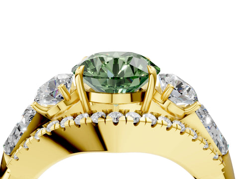 Yellow gold Three-Stone Fancy Green Round Cut Diamond Engagement Ring with Pave Band and Prong Setting_4