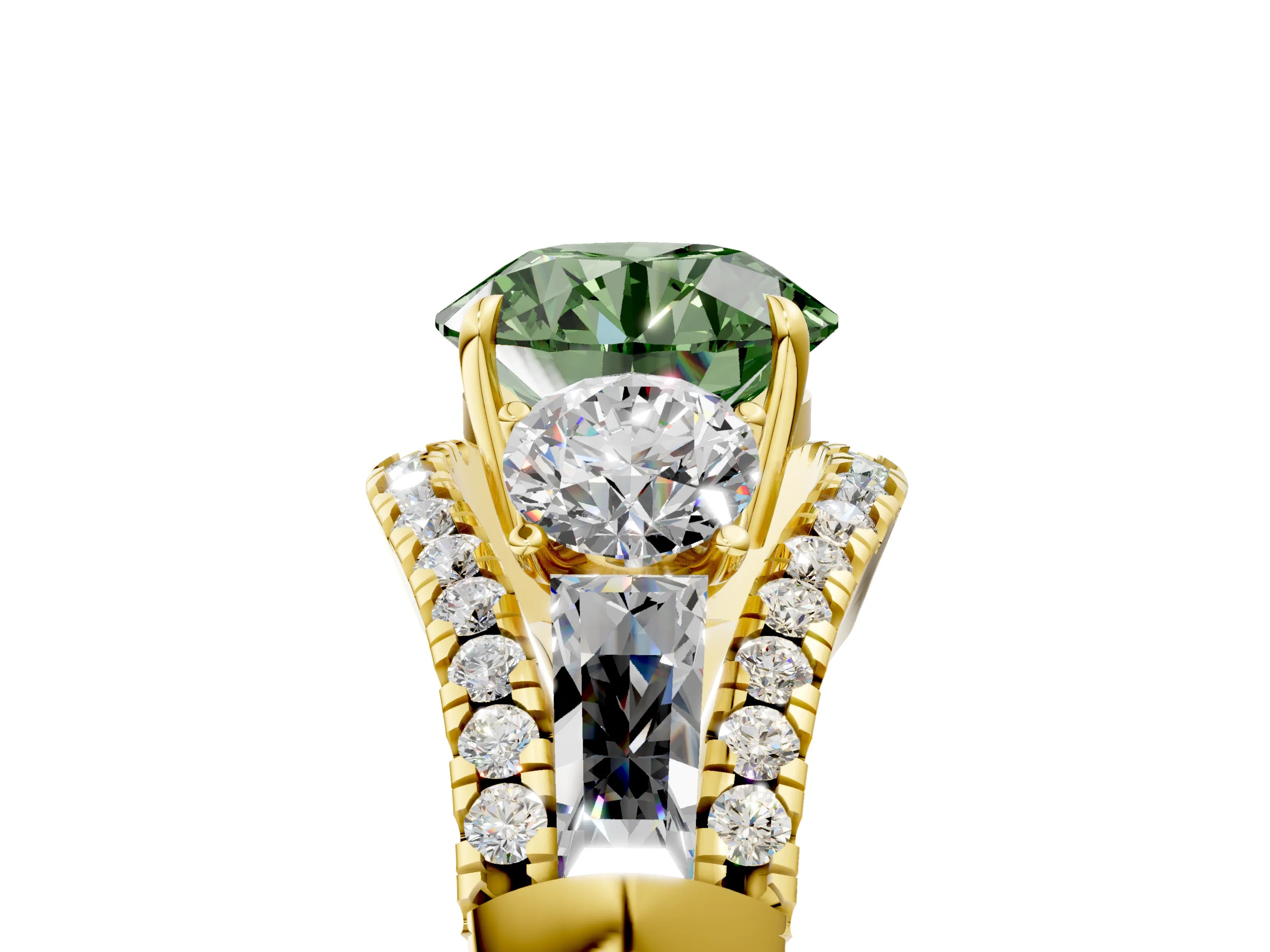 Yellow gold Three-Stone Fancy Green Round Cut Diamond Engagement Ring with Pave Band and Prong Setting_5