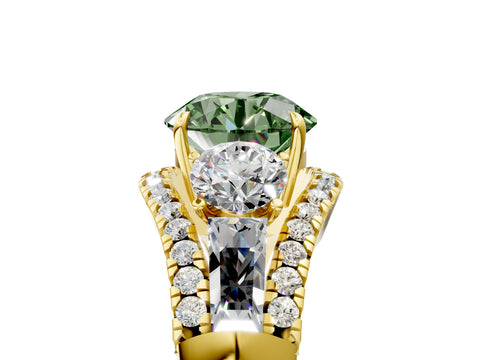 Yellow gold Three-Stone Fancy Green Round Cut Diamond Engagement Ring with Pave Band and Prong Setting_5