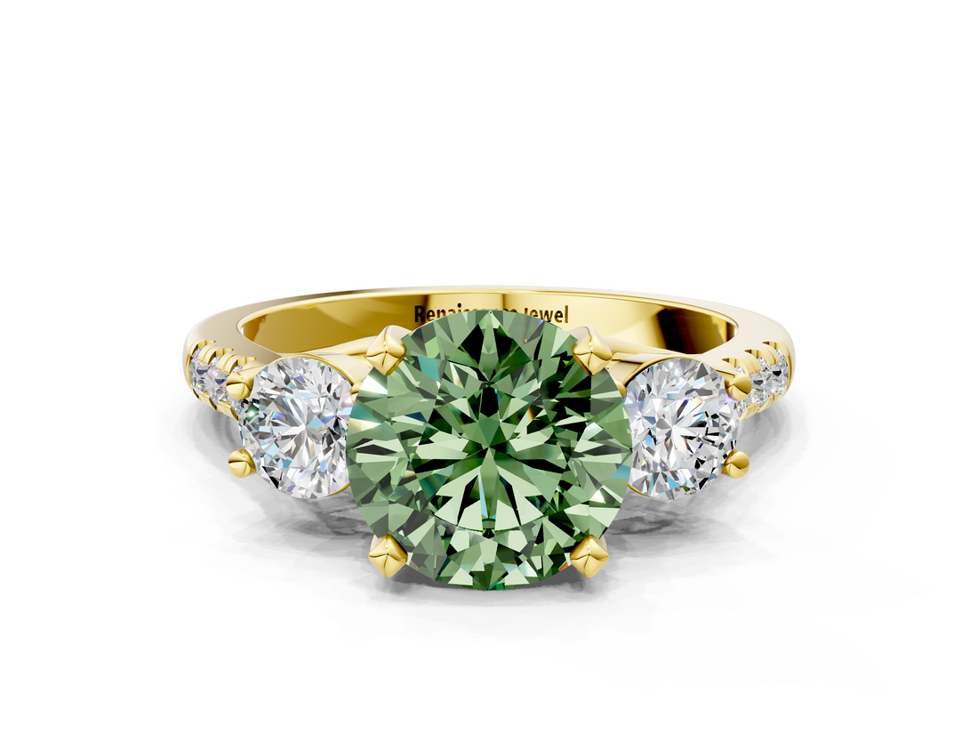 Yellow gold Three-Stone Fancy Green Round  Cut Diamond Pavé Band with Four-Prong Setting_28