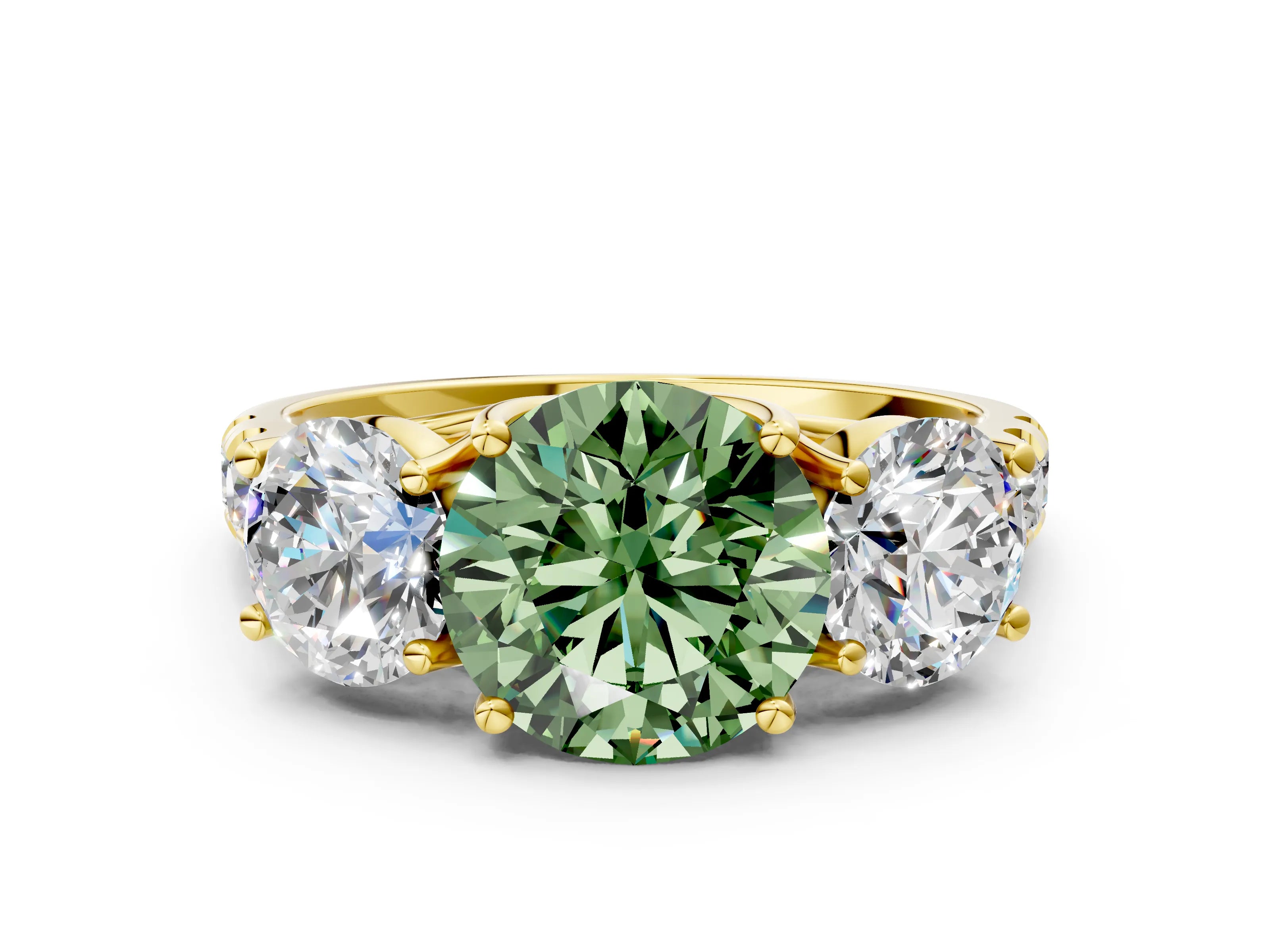 Yellow gold Three-Stone Fancy Green Round Cut Diamond Pavé Band with Prong Setting
