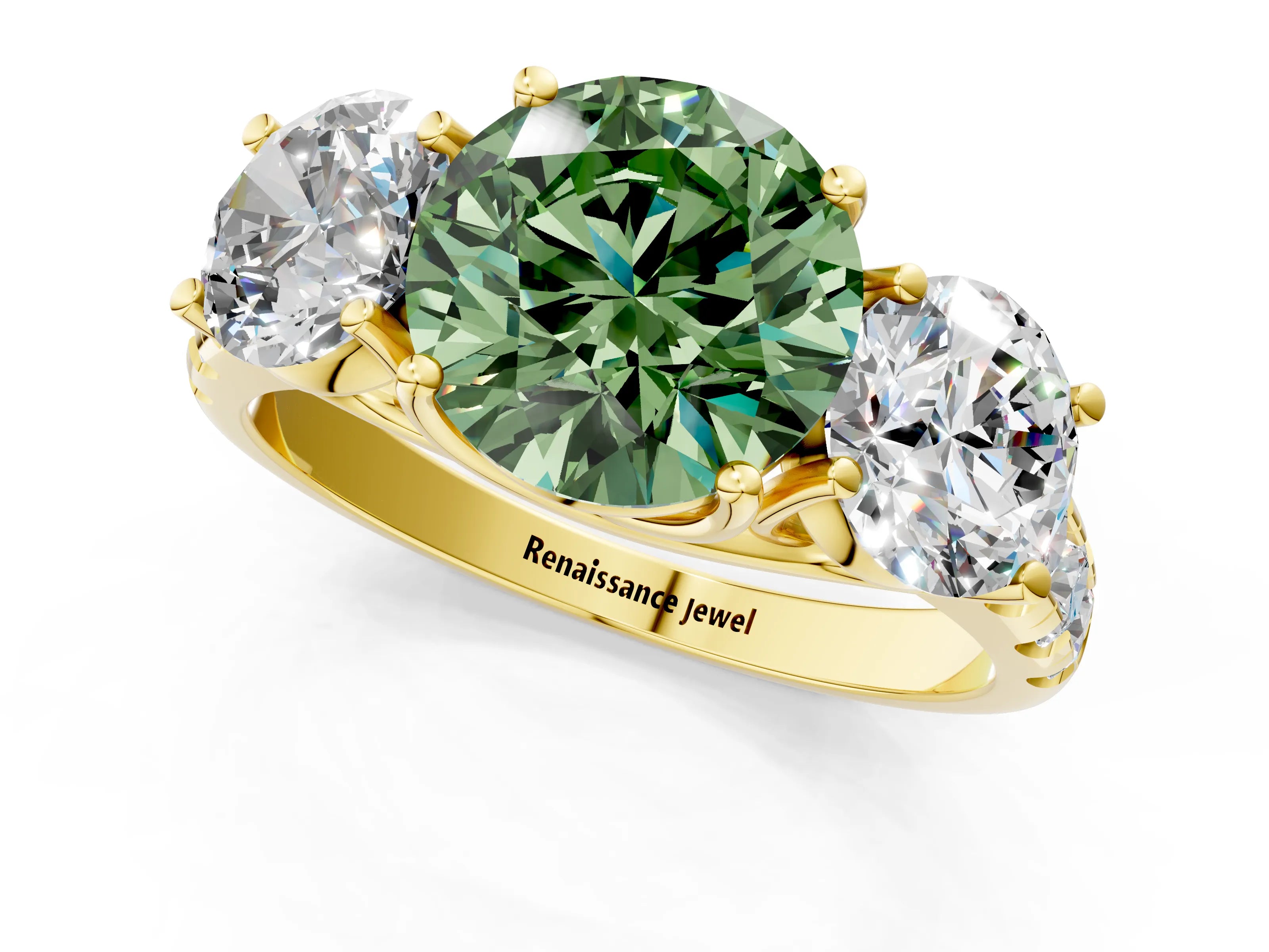 Yellow gold Three-Stone Fancy Green Round Cut Diamond Pavé Band with Prong Setting_1